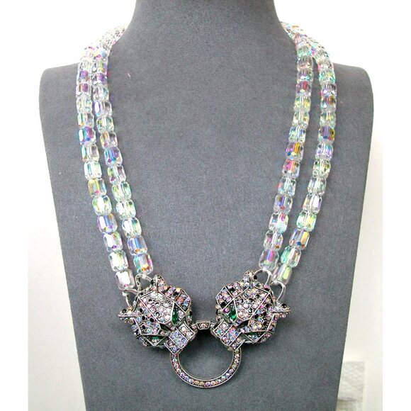 EYE CANDY LUXE COLLECTION AURORA BOREALIS DUAL CRYSTAL CUBE PANTHER NECKLACE - Picture 1 of 3